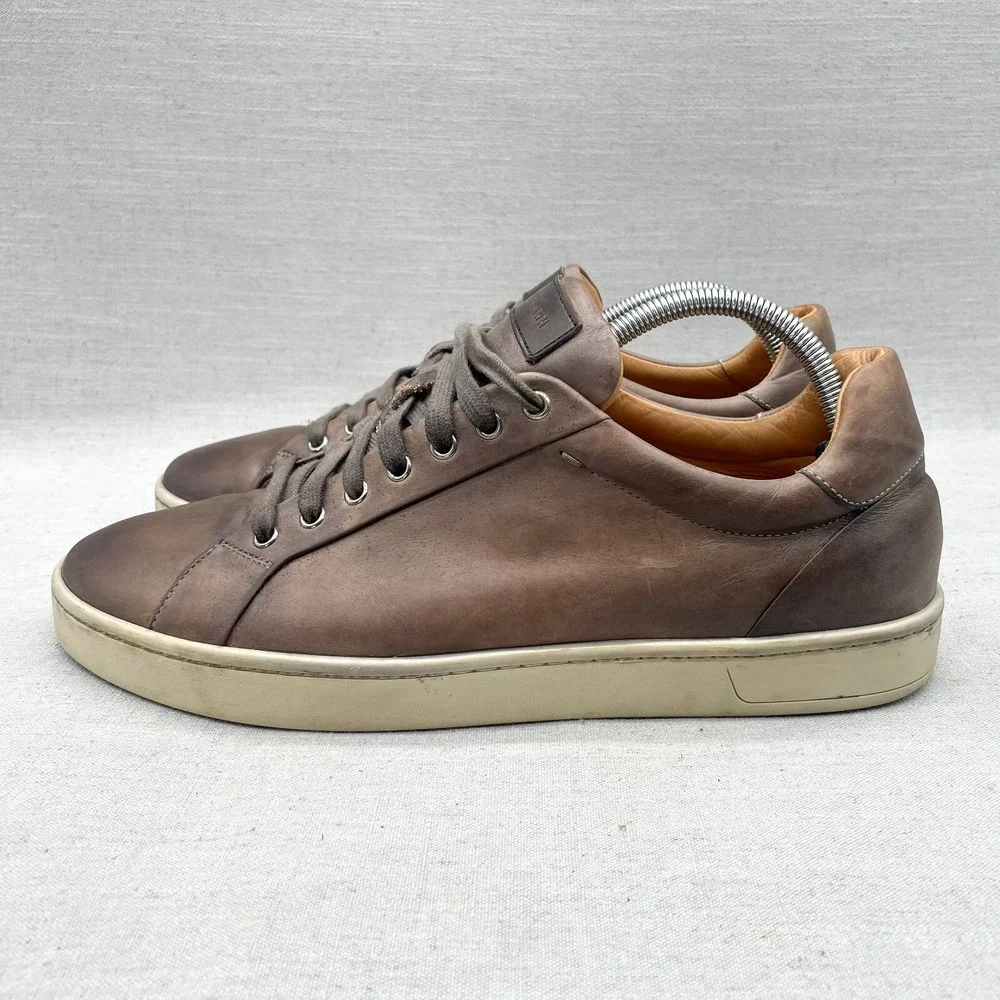 Magnanni Mens 10M Elonso Lo Sneaker Shoes Gray Leather Distressed Casual Lace Up